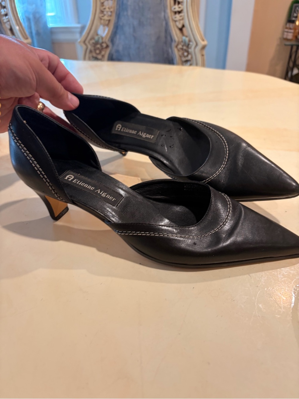 Etienne Aigner Black Leather Pointed Toe Pumps with Contrast Stitching Size 8m